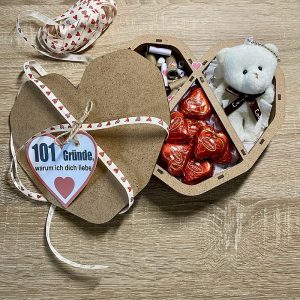 Gefülltes Geschenkherz "101 Gründe, warum ich dich liebe"