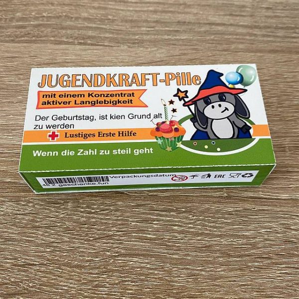 Apothekenverpackung für einen Geburtstag „JUGENDKRAFT-Pille“