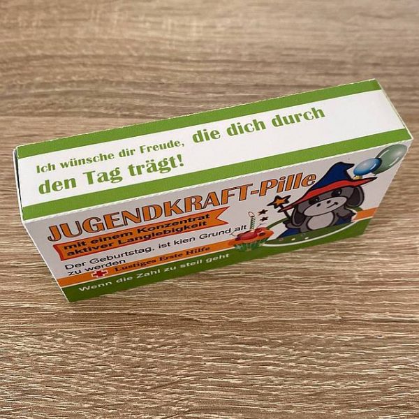 Apothekenverpackung für einen Geburtstag „JUGENDKRAFT-Pille“