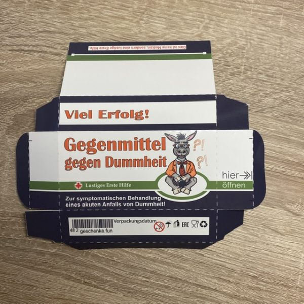 Verpackung im Apothekenstyle "Gegen Dummheit"