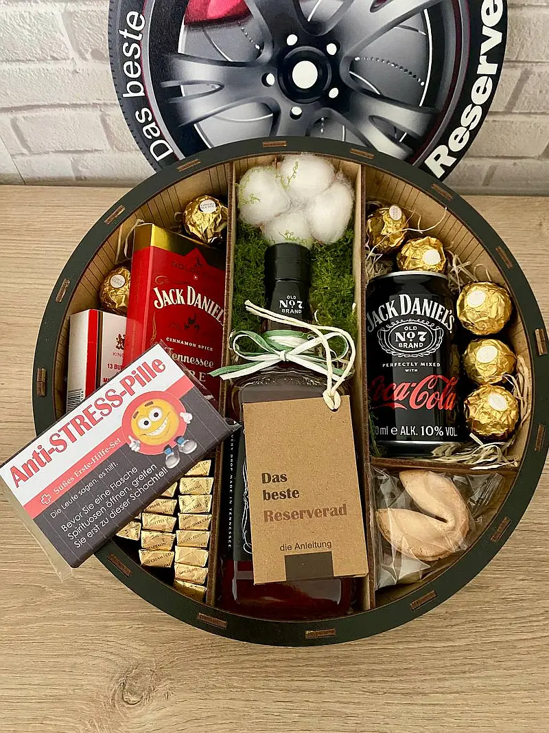 Das beste Reserverad Geschenkbox für Männer mit Jack Daniel’s Antistress