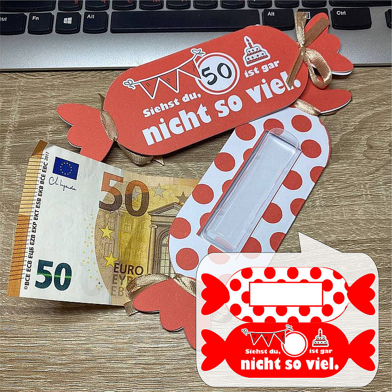 Grußkarte-Bonbon mit Geldbehälter 50