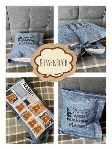 Kissenbuch mit Foto und Taschen für Geschenke.