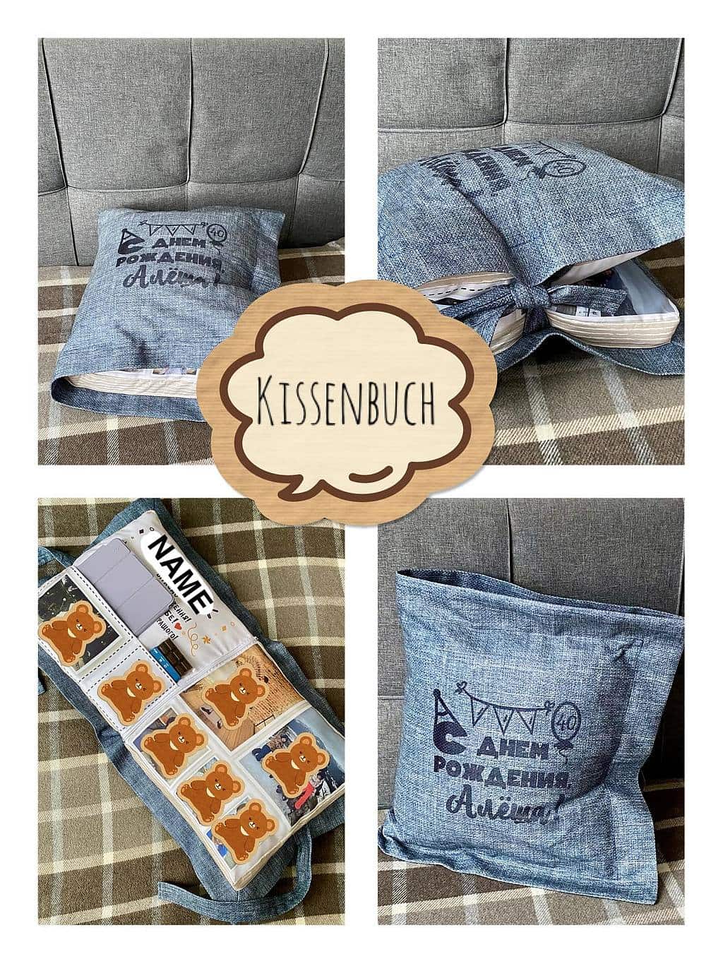 Kissenbuch mit Foto und Taschen für Geschenke.