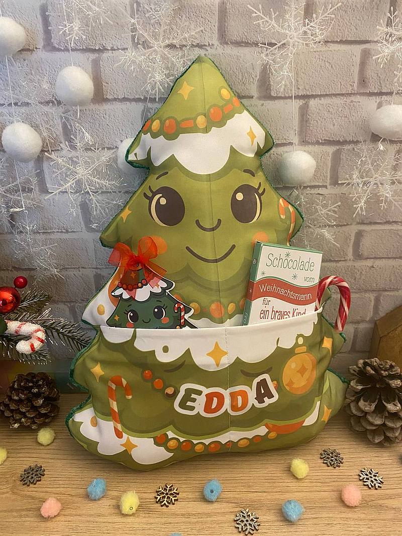 Kissen Tannenbaum mit Blatt und Schokolade