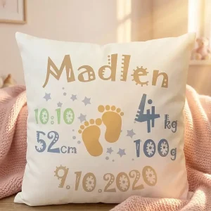 Personalisierter Babygeschenk Kissen mit Namen und Datum