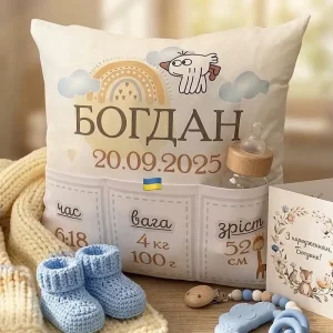 Іменна подушка з кишенями та метрикою