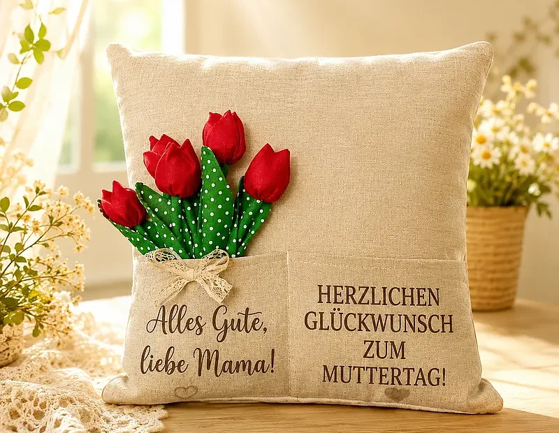 Dekoriert mit Tulpen aus Stoff. Ein einzigartiges Designergeschenk