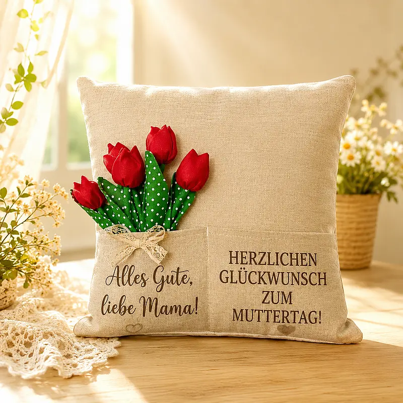Dekoriert mit Tulpen aus Stoff. Ein einzigartiges Designergeschenk