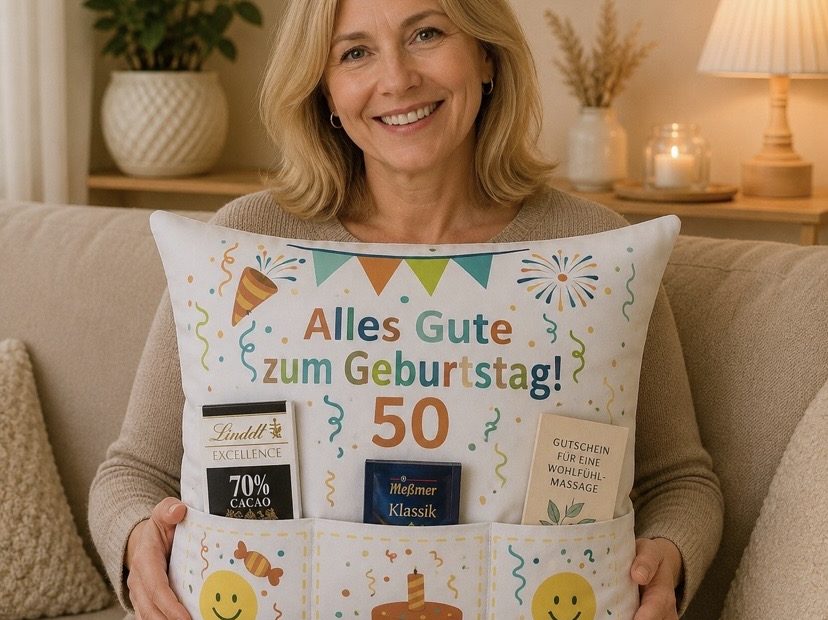 Geburtstagskissen zum 50. Geburtstag für Frauen – Geschenkkissen mit Taschen und Überraschungen