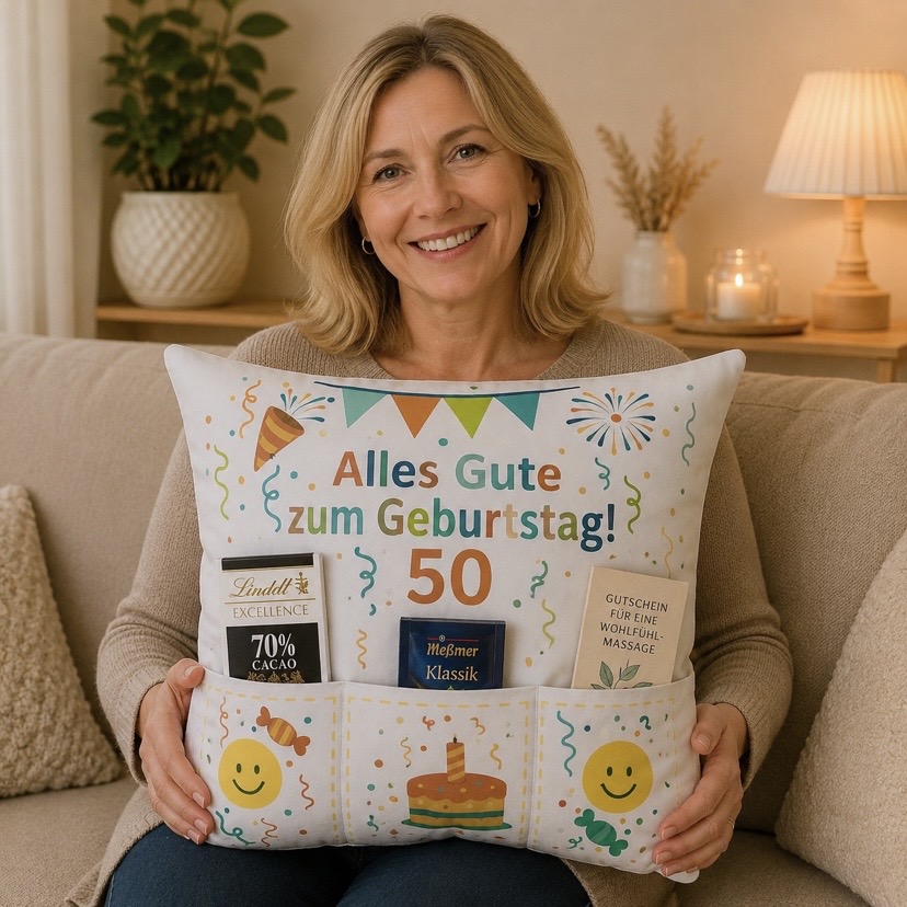 Geburtstagskissen zum 50. Geburtstag für Frauen – Geschenkkissen mit Taschen und Überraschungen