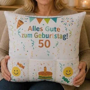 Geburtstagskissen mit Taschen Jubiläumskissen.