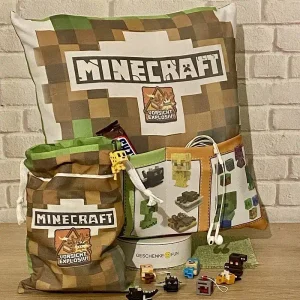 Kissen mit Taschen und Spielzeugbeutel im Pixel-Spiel-Design – Organizer-Kissen für Figuren und Zubehör