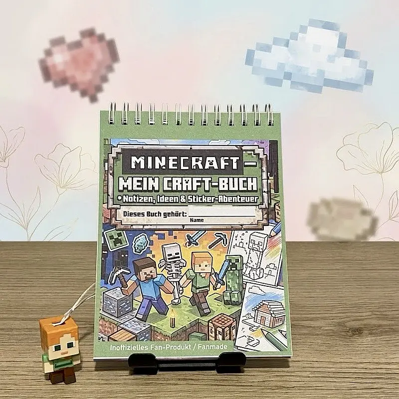 Kinder-Notizbuch im Pixel-Spiel-Stil – mit Aufklebern und Malvorlagen.