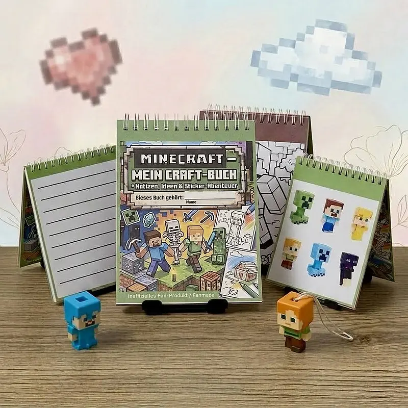 Kinder-Notizbuch im Pixel-Spiel-Stil – mit Aufklebern und Malvorlagen.