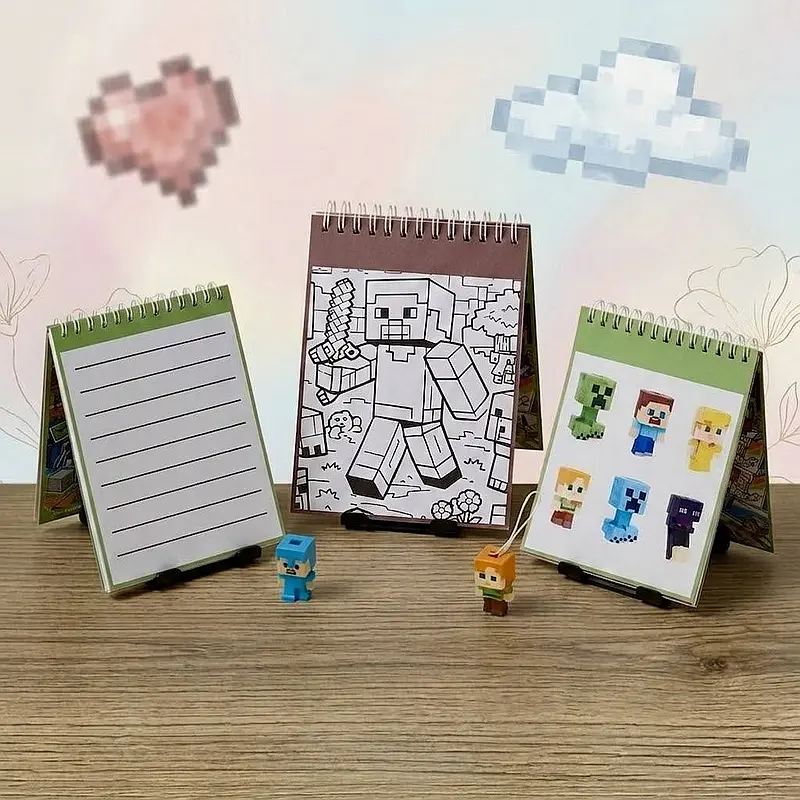 Kinder-Notizbuch im Pixel-Spiel-Stil – mit Aufklebern und Malvorlagen.
