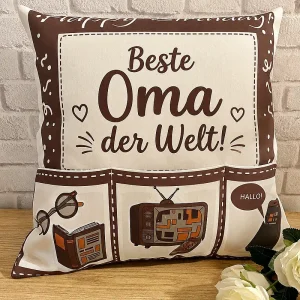 Personalisiertes Kissen für Oma mit 3 Taschen – „Beste Oma der Welt“