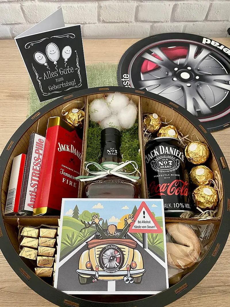 Das beste Reserverad Geschenkbox für Männer mit Jack Daniel’s Antistress